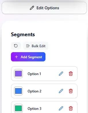 Segment editor where options are entered on the wheel maker screen